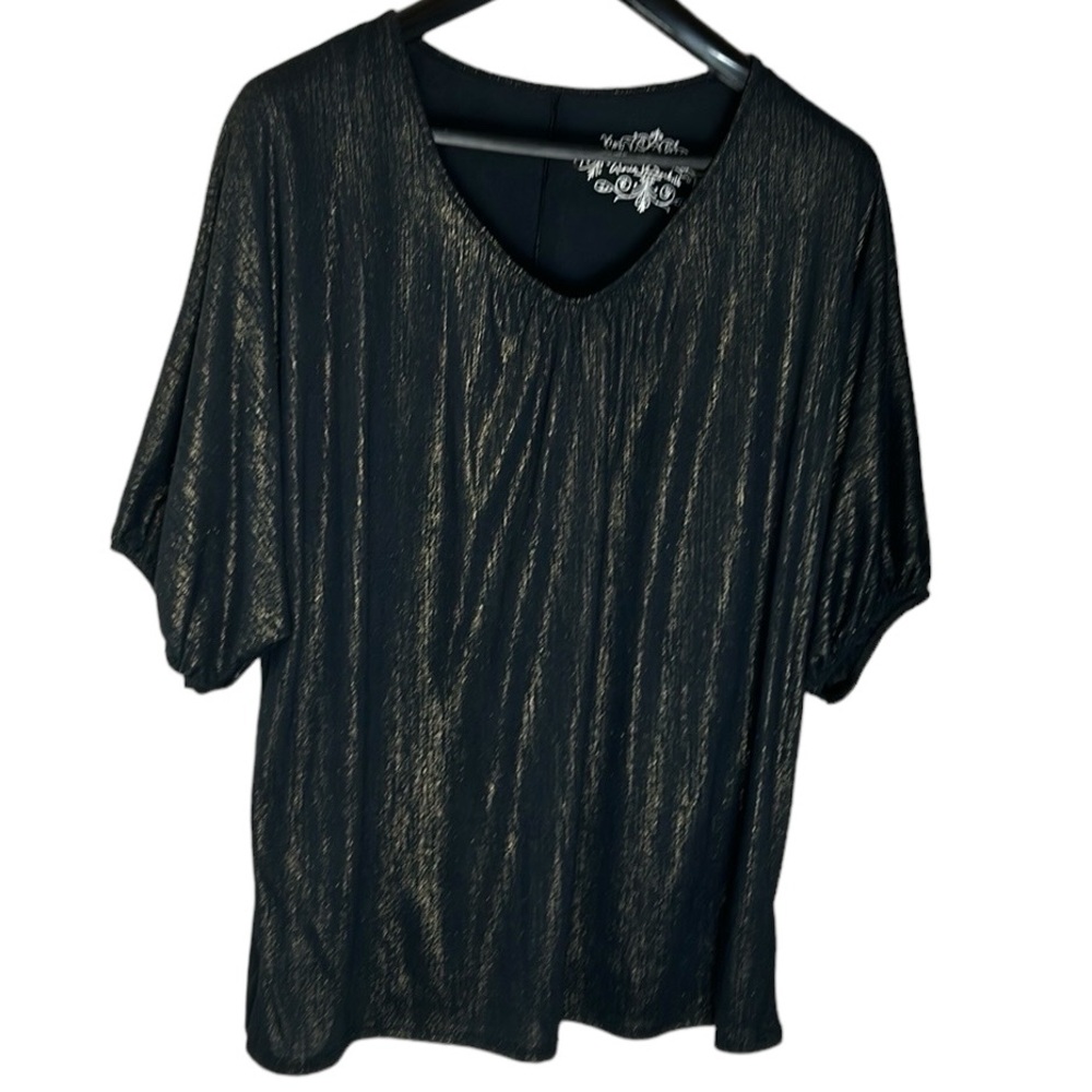 Vintage Gloria Vanderbilt top black v-neck‎ gold shimmer PL